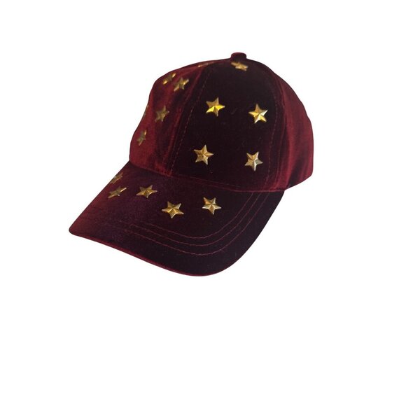 Steve Madden Burgundy Velvet Baseball Cap With Gold Star Embellishments one size - Picture 1 of 6